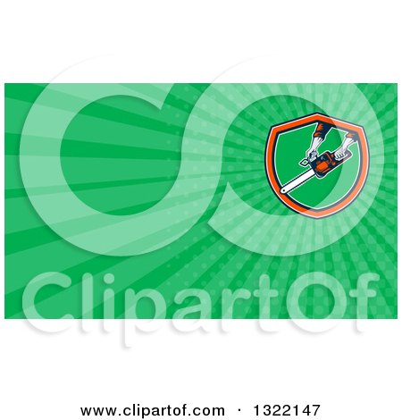 Clipart of a Retro Man's Hands Holding a Chainsaw and Green Rays Background or Business Card Design - Royalty Free Illustration by patrimonio