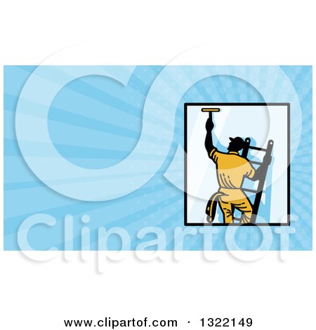 Clipart of a Retro Window Washer on a Ladder and Blue Rays Background or Business Card Design - Royalty Free Illustration by patrimonio