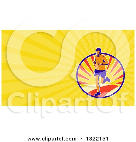 Clipart of a Retro Male Marathon Runner over a Sunset and Yellow Rays Background or Business Card Design - Royalty Free Illustration by patrimonio