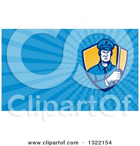 Clipart of a Retro Male Policeman with a Baton and Blue Rays Background or Business Card Design - Royalty Free Illustration by patrimonio