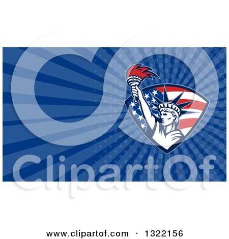 Clipart of a Retro Statue of Liberty Holding a Torch in an American Shield and Dark Blue Rays Background or Business Card Design - Royalty Free Illustration by patrimonio