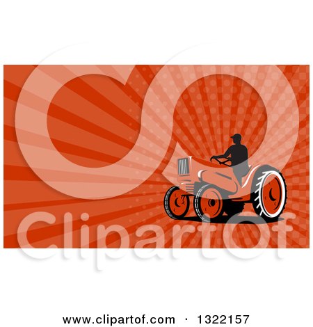 Clipart of a Retro Silhouetted Farmer Driving a Tractor and Red Rays Background or Business Card Design - Royalty Free Illustration by patrimonio