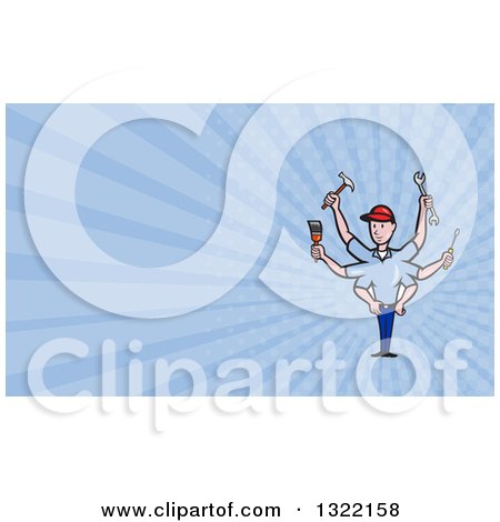Clipart of a Cartoon Male Handyman with Many Arms and Tools and Blue Rays Background or Business Card Design - Royalty Free Illustration by patrimonio