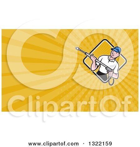 Clipart of a Cartoon Male Pressure Washer and Orange Rays Background or Business Card Design - Royalty Free Illustration by patrimonio