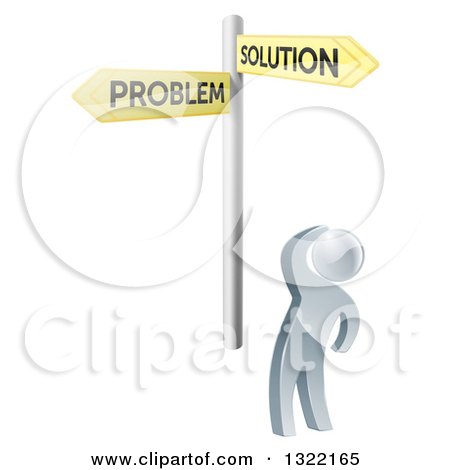 Clipart of a 3d Silver Man Looking up at Gold Problem and Solution Crossroads Signs - Royalty Free Vector Illustration by AtStockIllustration