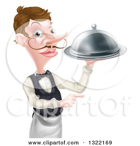 Clipart of a Cartoon Caucasian Male Waiter with a Curling Mustache, Pointing and Holding a Cloche Platter - Royalty Free Vector Illustration by AtStockIllustration
