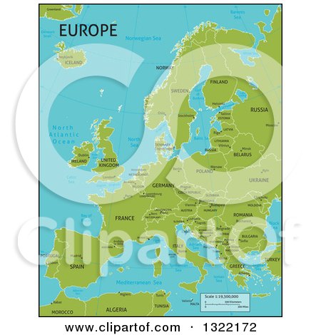 Clipart of a Green Map of Europe with Country Names and Capital Cities - Royalty Free Vector Illustration by AtStockIllustration
