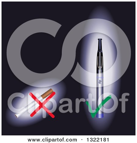 Clipart of a 3d Cigarette with an X and E Cig with a Check Mark on Black - Royalty Free Vector Illustration by elaineitalia