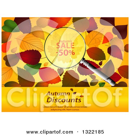 Clipart of a Magnifying Glass with Half off over Autumn Leaves and Sample Text on a Panel - Royalty Free Vector Illustration by elaineitalia