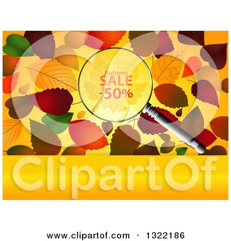 Clipart of a Magnifying Glass with Half off over Autumn Leaves and a Blank Panel - Royalty Free Vector Illustration by elaineitalia