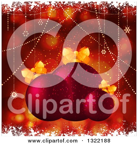 Clipart of a Red Christmas Background with Flares, Red Baubles, Snowflakes and Grunge - Royalty Free Vector Illustration by elaineitalia