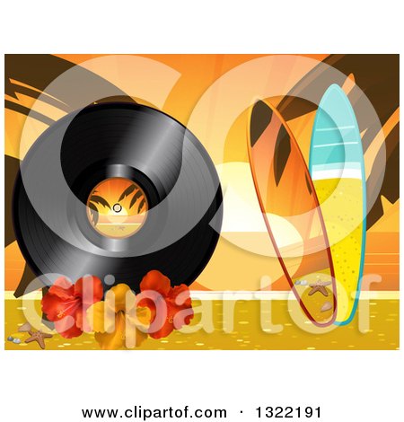 Clipart of a Tropical Beach at Sunset with 3d Surf Boards, Palm Tree Branches, Hibiscus Flowers and a Vinyl Record - Royalty Free Vector Illustration by elaineitalia