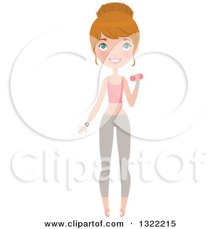 Clipart of a Full Length Happy Blue Eyed Caucasian Woman in Fitness Apparel, Working out with a Dumbbell - Royalty Free Vector Illustration by Melisende Vector