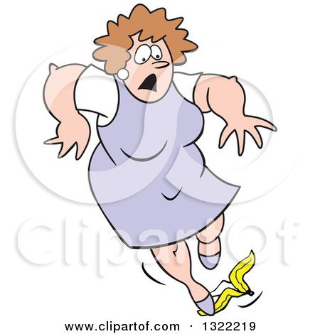 Clipart of a Cartoon Caucasian Matron Woman Tripping on a Banana Peel - Royalty Free Vector Illustration by Johnny Sajem