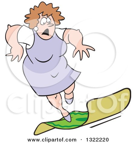 Clipart of a Cartoon Caucasian Matron Woman Tripping on a Rug - Royalty Free Vector Illustration by Johnny Sajem