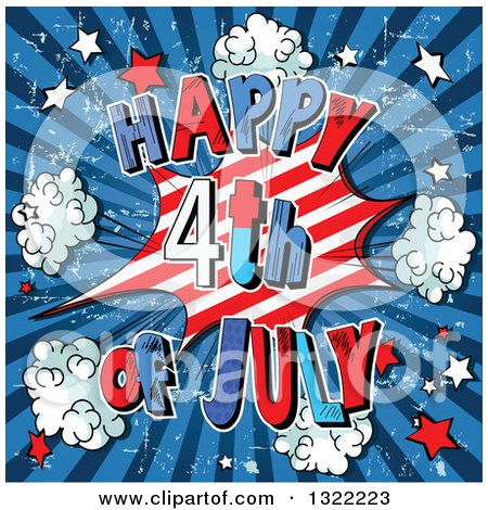 Clipart of a Comic Styled Happy Fourth of July Burst with Stars and Puffs on Blue Grungy Rays - Royalty Free Vector Illustration by Pushkin
