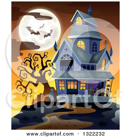 Clipart of a Haunted Halloween House with a Full Moon and Bats Against an Orange Sunset - Royalty Free Vector Illustration by visekart