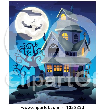 Clipart of a Haunted Halloween House with a Full Moon and Bats Against a Dusk Sky - Royalty Free Vector Illustration by visekart