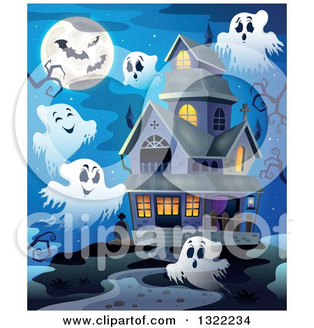 Clipart of a Haunted Halloween House with Ghosts and a Full Moon - Royalty Free Vector Illustration by visekart