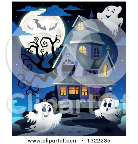 Clipart of a Haunted Halloween House with Ghosts, a Dead Tree, Bats, and a Full Moon - Royalty Free Vector Illustration by visekart