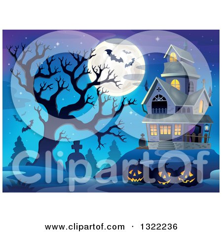 Clipart of a Haunted Halloween House with a Cemetery, Dead Tree, Full Moon, Jackolanterns and Bats Against a Dusk Sky - Royalty Free Vector Illustration by visekart