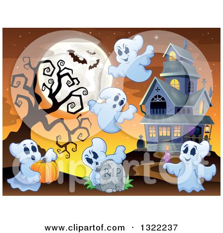Clipart of a Haunted Halloween House with Ghosts, a Tombstone, Spooky Tree and Full Moon - Royalty Free Vector Illustration by visekart