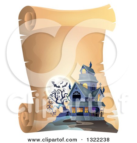 Clipart of a Haunted Halloween House with a Full Moon and Bats on a Parchment Scroll - Royalty Free Vector Illustration by visekart