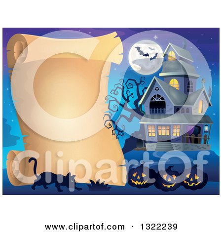 Clipart of a Haunted Halloween House with a Full Moon, Bats, Jackolanterns and a Cat by a Blank Scroll - Royalty Free Vector Illustration by visekart