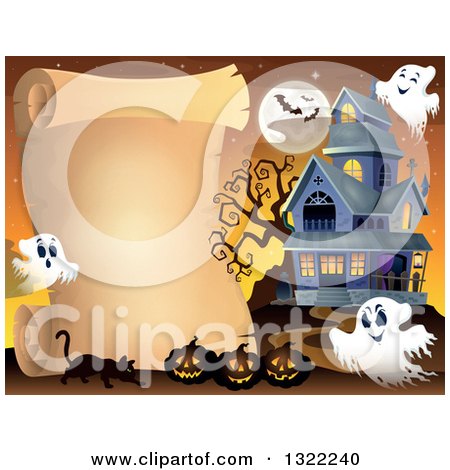 Clipart of a Haunted Halloween House with Ghosts, Bats, a Full Moon, Cat and Jackolanterns by a Parchment Scroll - Royalty Free Vector Illustration by visekart