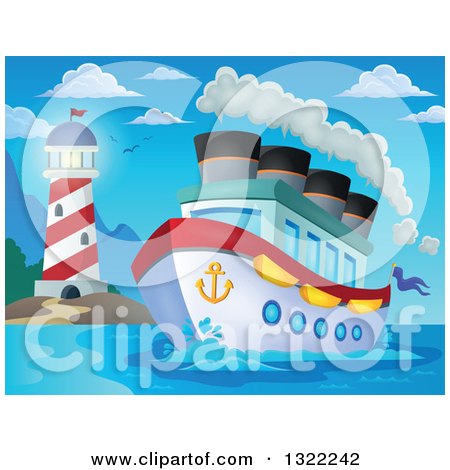 Clipart of a Cartoon Cruise Ship with Steam by a Lighthouse - Royalty Free Vector Illustration by visekart