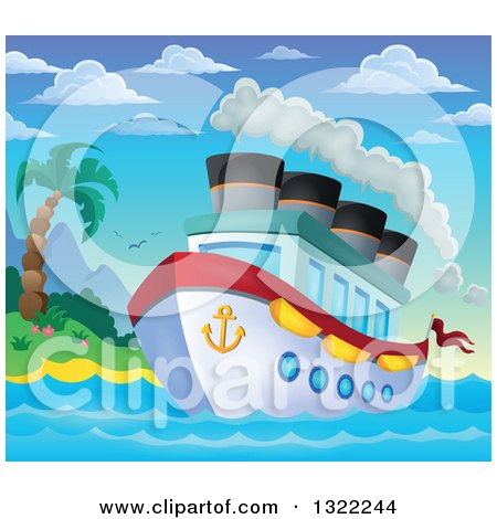Clipart of a Cartoon Cruise Ship with Steam by a Tropical Island at Sunrise - Royalty Free Vector Illustration by visekart