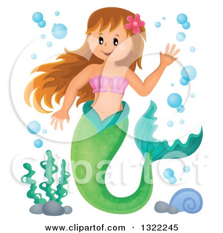 Clipart of a Happy Caucasian Female Mermaid Waving, with Bubbles - Royalty Free Vector Illustration by visekart