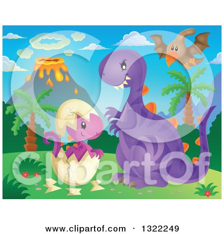 Clipart of a Pterodactyl over Purple Dinosaurs, One Hatching, in a Volcanic Landscape - Royalty Free Vector Illustration by visekart
