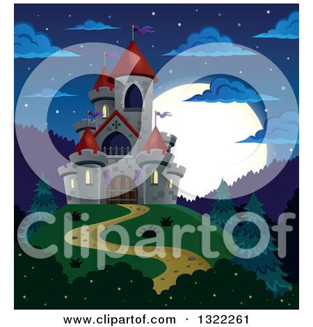 Clipart of a Full Moon Behind a Fairy Tale Castle on a Hill - Royalty Free Vector Illustration by visekart