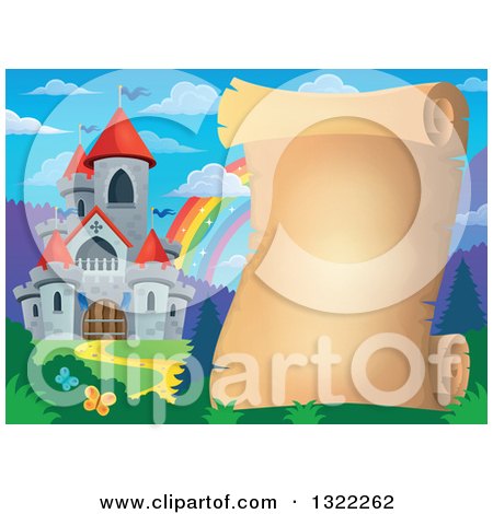 Clipart of a Fairy Tale Castle Blank Parchment Scroll over a Rainbow and Spring Landscape - Royalty Free Vector Illustration by visekart