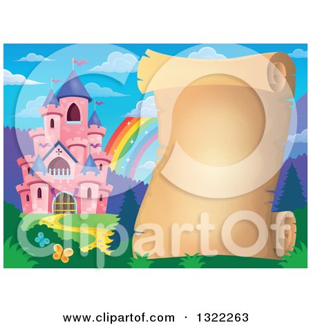 Clipart of a Pink Fairy Tale Castle Blank Parchment Scroll over a Rainbow and Spring Landscape - Royalty Free Vector Illustration by visekart