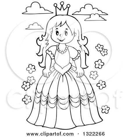 1322266 Lineart Clipart Of A Black And White Princess With Clouds And Flowers Royalty Free Outline Vector Illustration