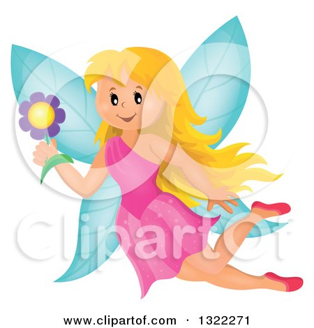Clipart of a Happy Blond Caucasian Female Fairy Flying with a Flower - Royalty Free Vector Illustration by visekart