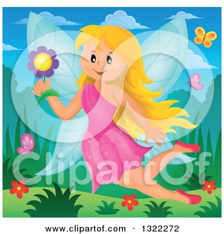 Clipart of a Happy Blond Caucasian Female Fairy Flying with a Flower and Butterflies - Royalty Free Vector Illustration by visekart
