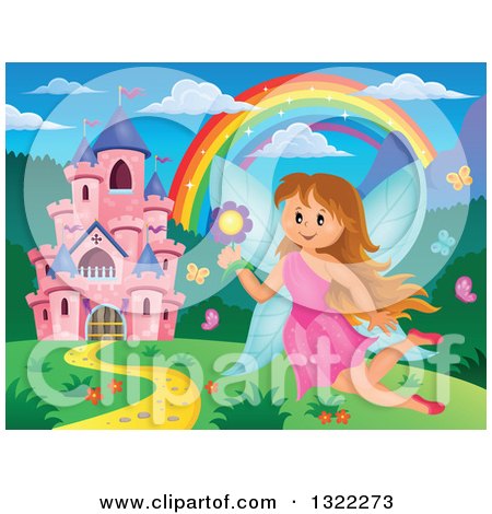 Clipart of a Pink Fantasy Castle, Fairy and Rainbow in a Spring Landscape - Royalty Free Vector Illustration by visekart