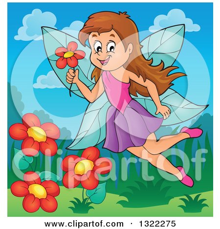 Clipart of a Happy Brunette Caucasian Female Fairy Flying with a Flower over a Garden - Royalty Free Vector Illustration by visekart