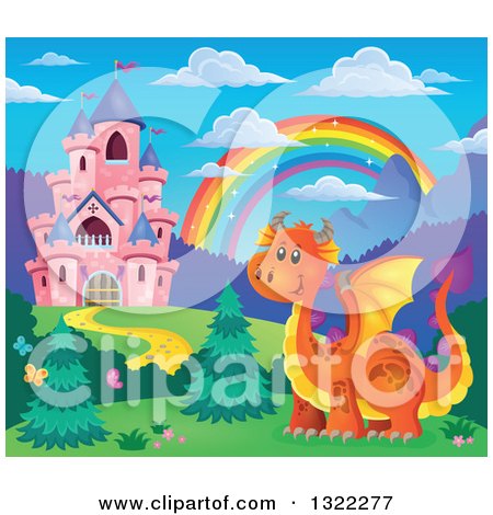 Clipart of a Pink Fairy Tale Castle, Dragon and Rainbow in a Spring Landscape - Royalty Free Vector Illustration by visekart