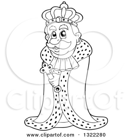 Lineart Clipart of a Black and White King in a Robe - Royalty Free Outline Vector Illustration by visekart