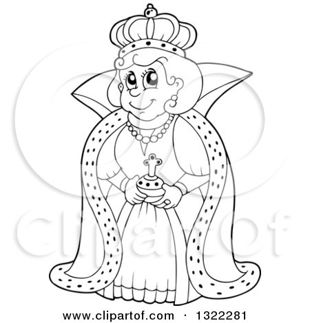 Lineart Clipart of a Black and White Happy Queen in a Robe - Royalty Free Outline Vector Illustration by visekart
