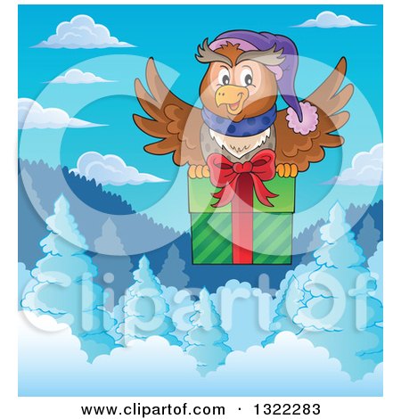 Clipart of a Cartoon Festive Christmas Owl Flying with a Gift over Snowy Mountains and Forest on a Winter Day - Royalty Free Vector Illustration by visekart