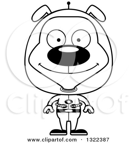 Lineart Clipart of a Cartoon Black and White Happy Space Dog - Royalty Free Outline Vector Illustration by Cory Thoman