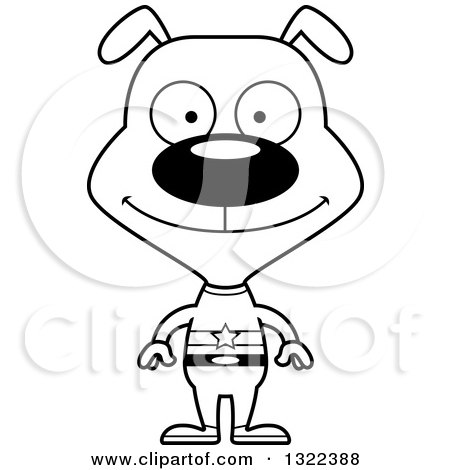 Lineart Clipart of a Cartoon Black and White Happy Dog Super Hero - Royalty Free Outline Vector Illustration by Cory Thoman