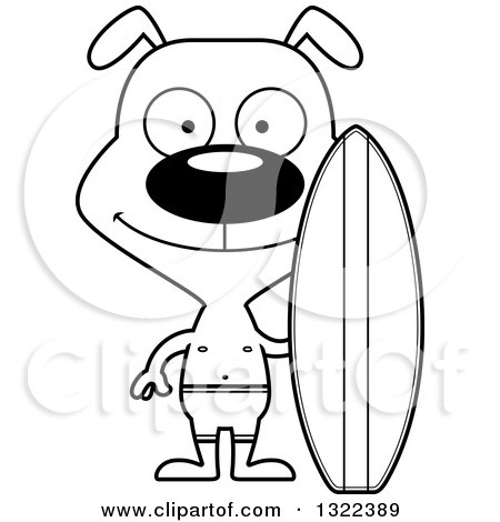 Lineart Clipart of a Cartoon Black and White Happy Dog Surfer - Royalty Free Outline Vector Illustration by Cory Thoman