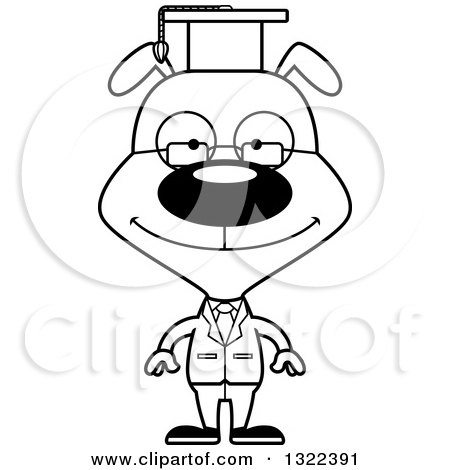 Lineart Clipart of a Cartoon Black and White Happy Dog Professor - Royalty Free Outline Vector Illustration by Cory Thoman