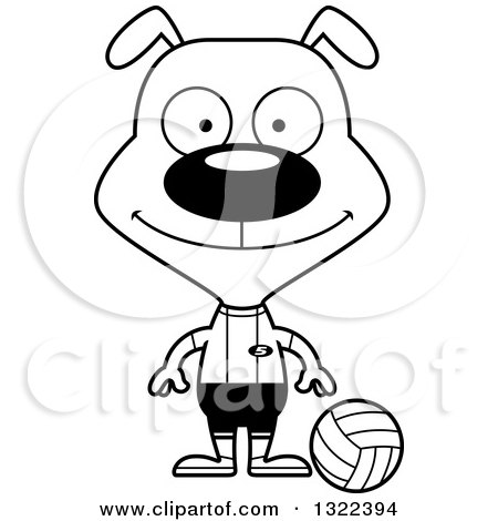 Lineart Clipart of a Cartoon Black and White Happy Dog Volleyball Player - Royalty Free Outline Vector Illustration by Cory Thoman